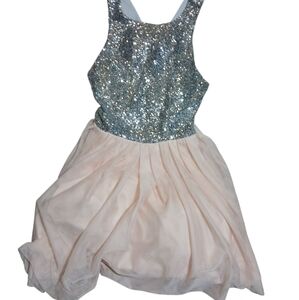 NWT B. Darlin Sequined Silver And Pink With Bow Detail Cocktail Dress Size 7/8